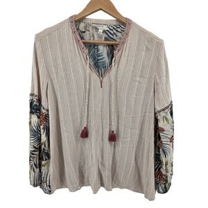 Johnny Was Peasant Style Shirt Tie Neck Tassels Linen Boho Long Sleeve Women's S